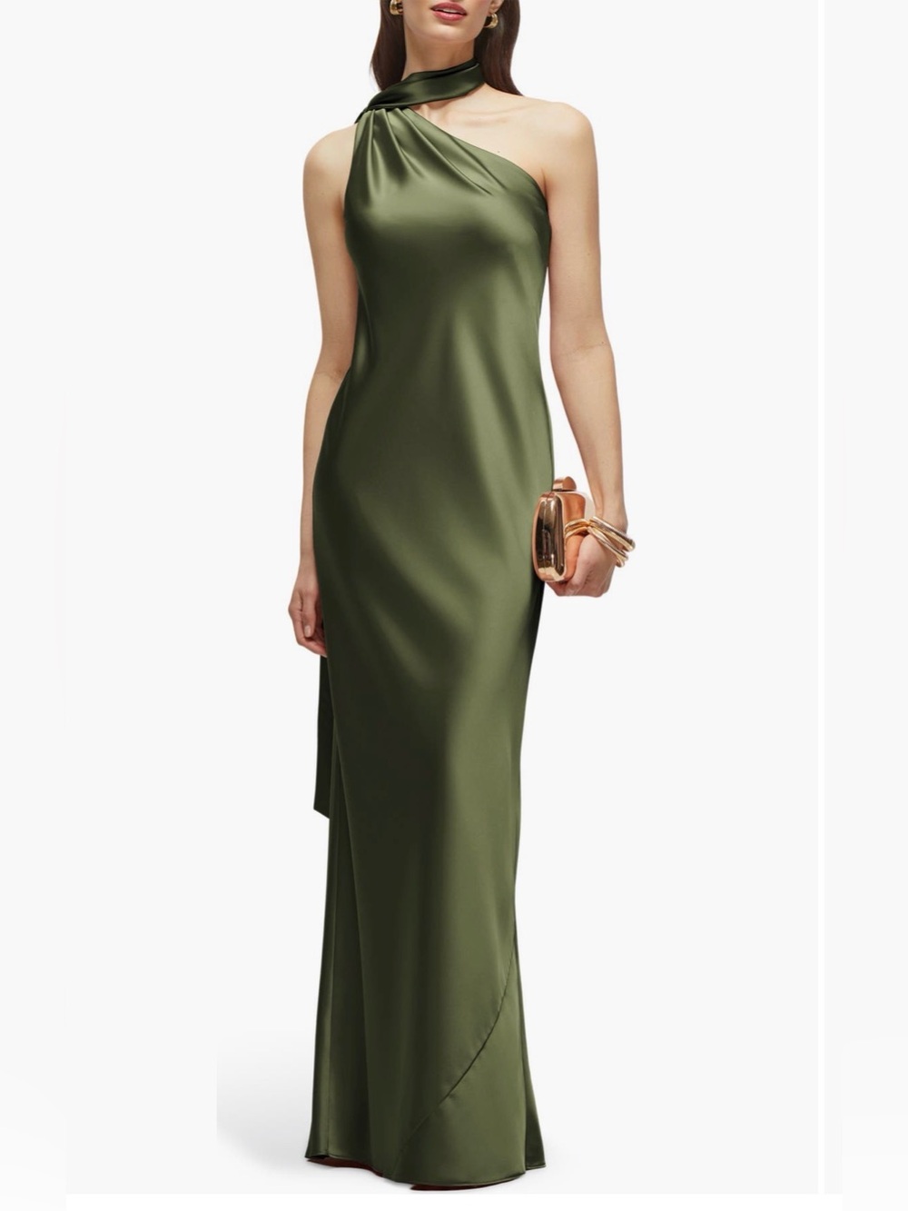 After Six Olive Green One-Shoulder Satin Evening Gown